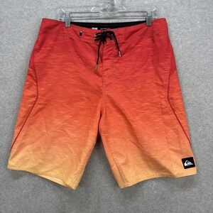 Quiksilver Board Shorts Men 34 Red Orange Yellow Swim Trunks Surf Beach Tropical